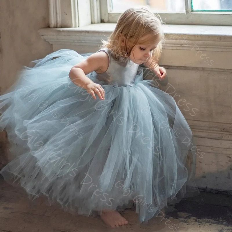 Toddler Girl Tulle Party Dress - Синее платье с цветочным узором для
