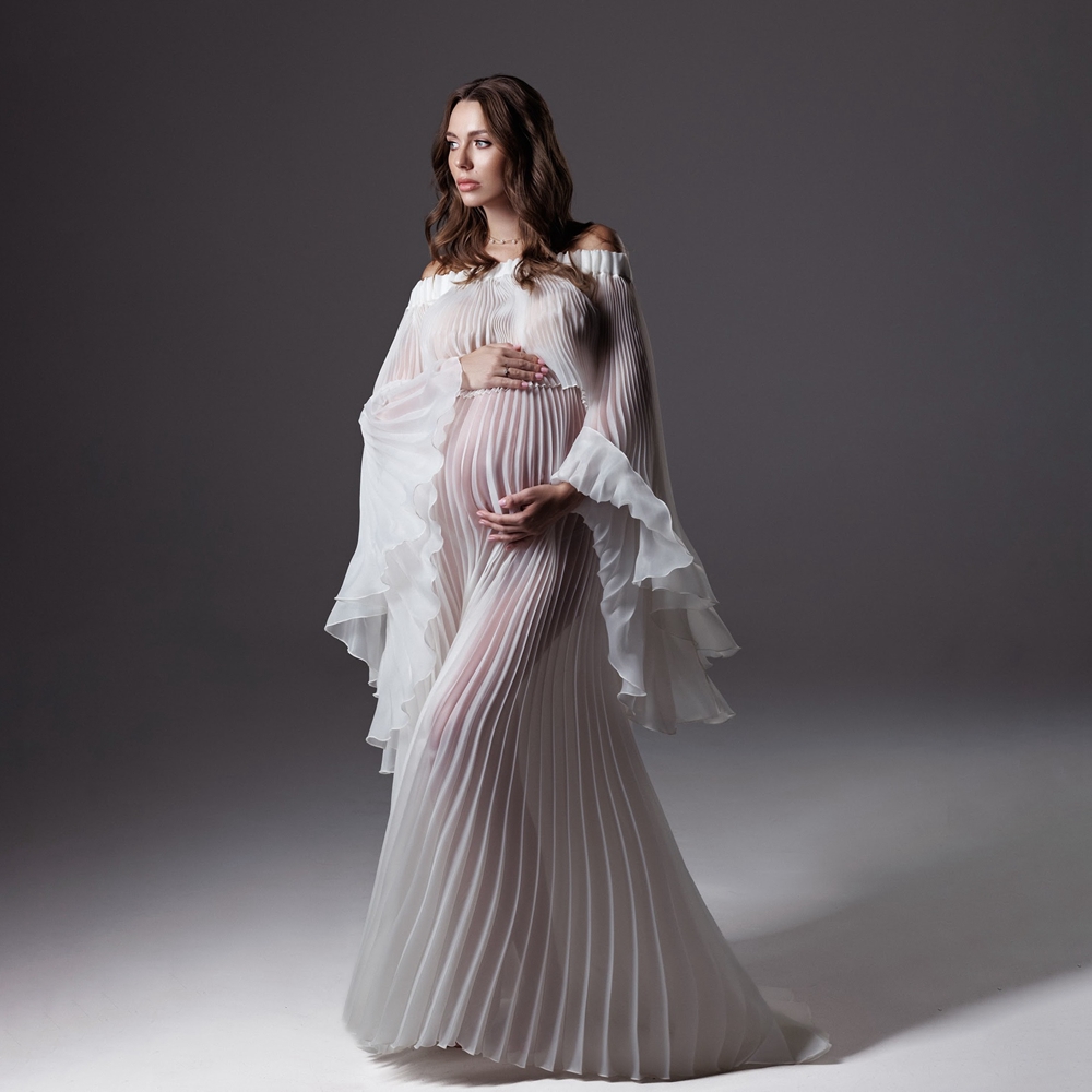 Maternity Wear - Плиссированное платье для фотосессии беременных, белое