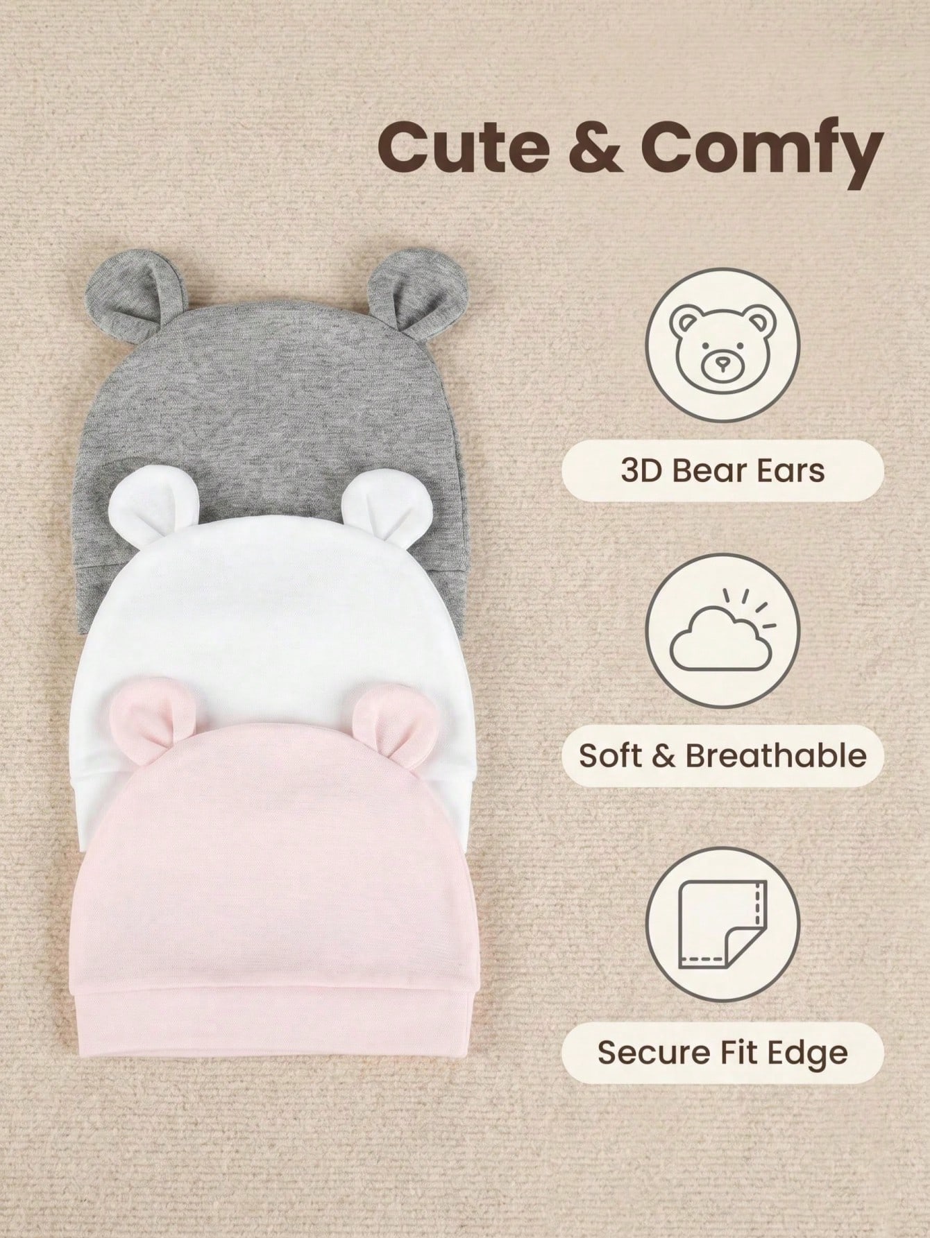 Набор из 3-х однотонных хлопко – обзор и цена Infant Beanie Hat With Ears